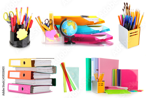 Photo: Collage of school and office supplies isolated on white Collage of school and office supplies isolated on white