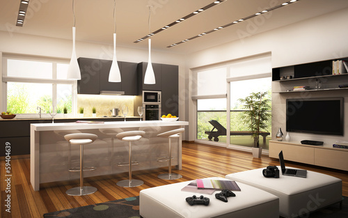 Illustration: Modern kitchen and living room Modern kitchen and living room