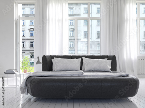 Illustration: Light Bedroom Interior with black king-size bed Light Bedroom Interior with black king-size bed