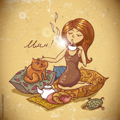 Vector: Beautiful Girl Drinking Tea or Coffee Beautiful Girl Drinking Tea or Coffee