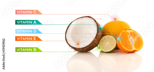Photo: Healthy fruits with colorful vitamin symbols and icons Healthy fruits with colorful vitamin symbols and icons