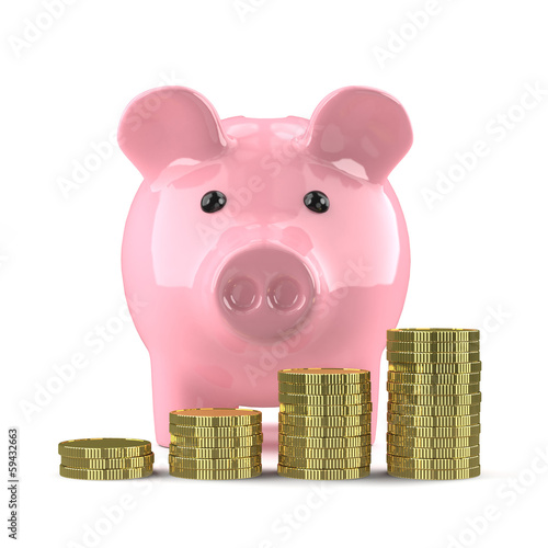 Illustration: Pink piggy bank has stacks of gold coins Pink piggy bank has stacks of gold coins