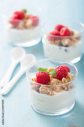 Photo: healthy breakfast with yogurt granola and raspberry healthy breakfast with yogurt granola and raspberry