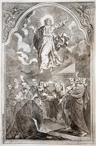 Photo: Jesus ascension. Lithography print in Missale romanum from 1727 Jesus ascension. Lithography print in Missale romanum from 1727
