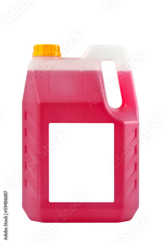 Photo: Transparent detergent plastic bottle isolated on gray, with blan Transparent detergent plastic bottle isolated on gray, with blan