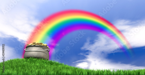 Illustration: Pot Of Gold And Rainbow On Grassy Hill Pot Of Gold And Rainbow On Grassy Hill