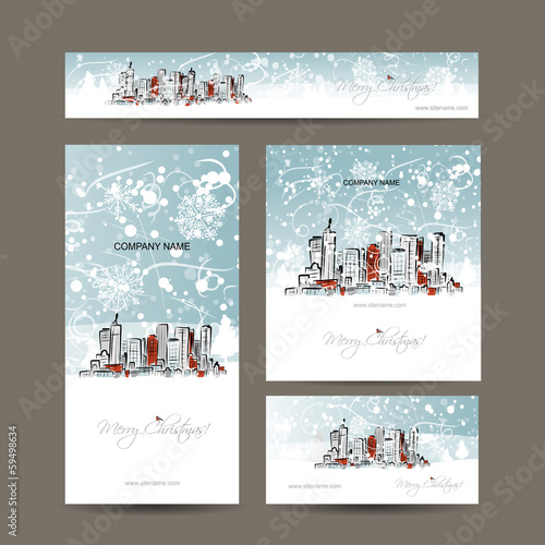 Vector: Merry christmas, set postcards with cityscape background Merry christmas, set postcards with cityscape background