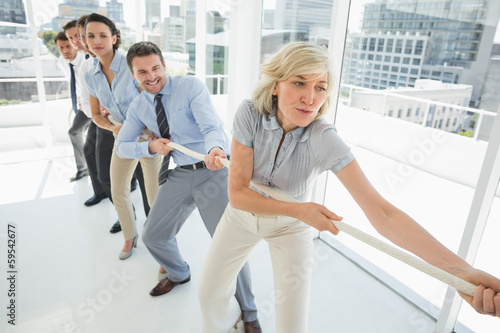 Photo: Group of business people pulling rope in office Group of business people pulling rope in office