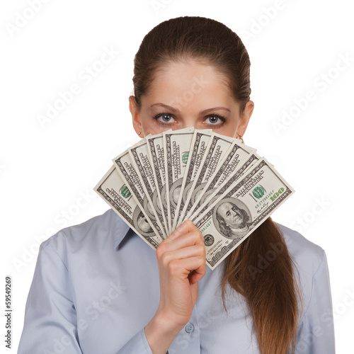 Photo: Woman with a fan of hundred dollar bills Woman with a fan of hundred dollar bills