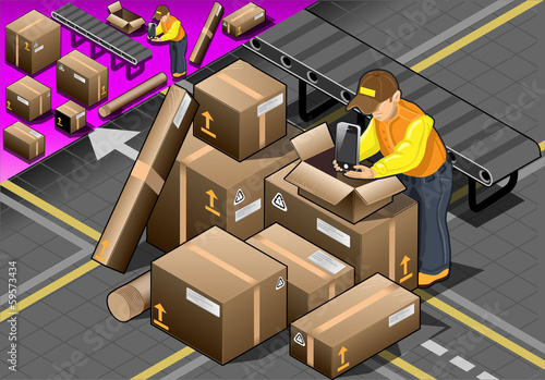 Vector: Isometric Packer at Work with Boxes Isometric Packer at Work with Boxes