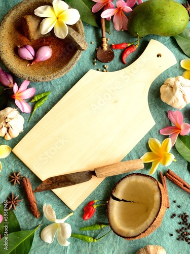 Photo: Tropical food,spice with cutting board Tropical food,spice with cutting board