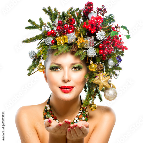 Photo: Christmas Woman. Christmas Tree Holiday Hairstyle and Makeup Christmas Woman. Christmas Tree Holiday Hairstyle and Makeup
