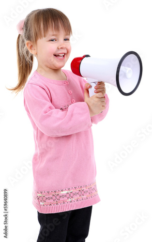 Photo: Beautiful little girl holding bullhorn isolated on white Beautiful little girl holding bullhorn isolated on white