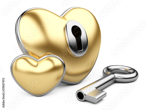 Illustration: gold valentine heart with a keyhole and key. gold valentine heart with a keyhole and key.