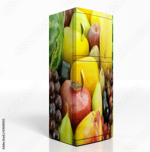 Illustration: 3D render of large refrigerator with fruits isolated 3D render of large refrigerator with fruits isolated