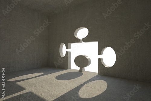 Illustration: Jigsaw shaped door in dark room Jigsaw shaped door in dark room