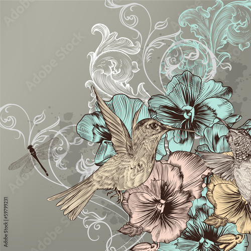 Elegant floral background with flowers and humming birds