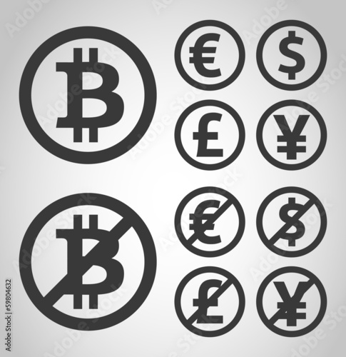 Vector: Bitcoin, euro, dollar, font and yen money icons Bitcoin, euro, dollar, font and yen money icons