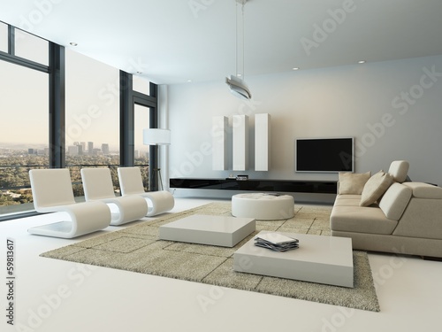 Illustration: Luxury living room interior with huge windows Luxury living room interior with huge windows