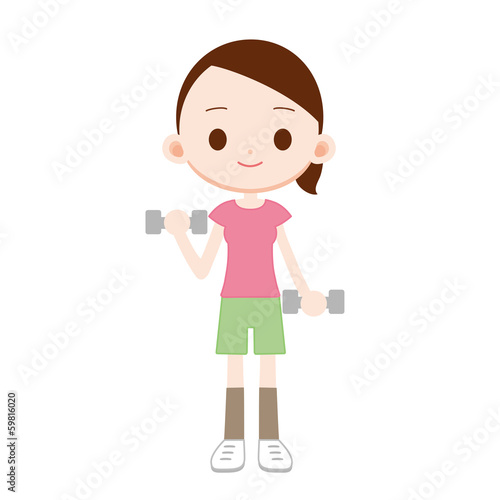 Illustration: 鉄アレイを持ち上げる女性 鉄アレイを持ち上げる女性