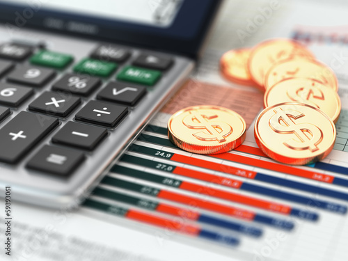 Illustration: Financial concept. Calculator, coins and graph. Financial concept. Calculator, coins and graph.