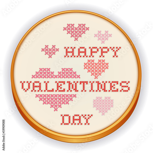 Vector: Happy Valentines Day Cross Stitch Embroidery, retro wood hoop Happy Valentines Day Cross Stitch Embroidery, retro wood hoop