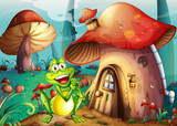 A frog near the mushroom house