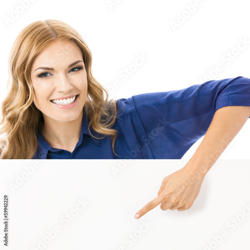 Photo: Businesswoman showing blank signboard, isolated Businesswoman showing blank signboard, isolated