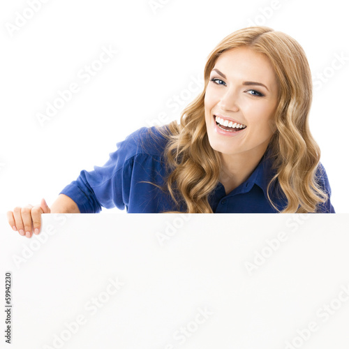 Photo: Businesswoman showing blank signboard, isolated Businesswoman showing blank signboard, isolated