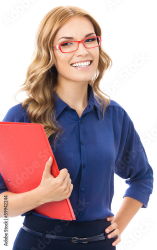 Photo: Young cheerful business woman, on white Young cheerful business woman, on white