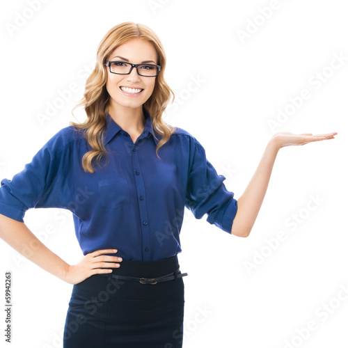 Photo: Beautiful young woman showing, on white Beautiful young woman showing, on white