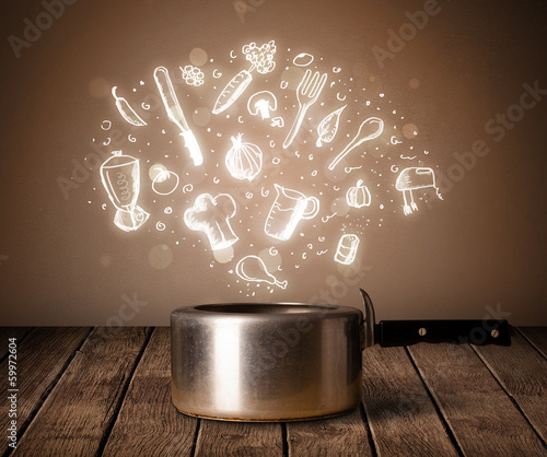 Photo: cooking icons coming out from cooking pot cooking icons coming out from cooking pot