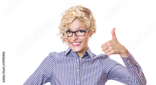 Photo: Young schoolteacher - teacher showing the thumb Young schoolteacher - teacher showing the thumb