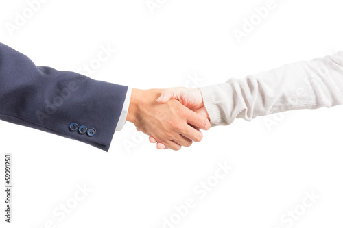 Photo: business man and woman shaking hand isolated business man and woman shaking hand isolated