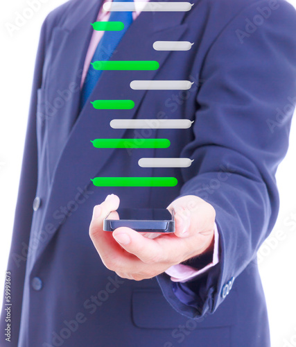 Photo: business man holding smart phone with chat balloon business man holding smart phone with chat balloon