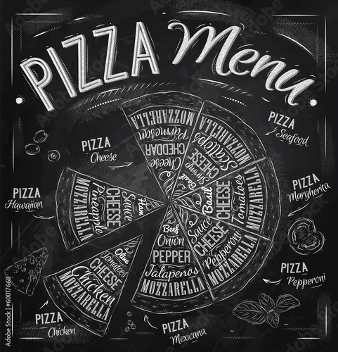  The names of dishes of Pizza drawing with chalk on blackboard