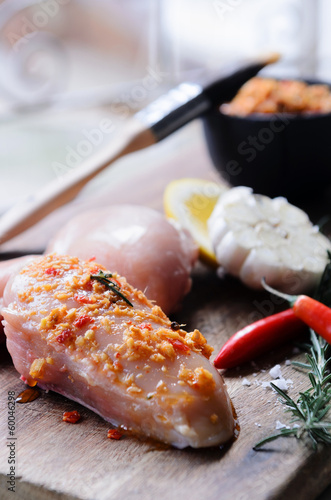 Photo: Rubbing spice mixture on raw chicken breasts Rubbing spice mixture on raw chicken breasts