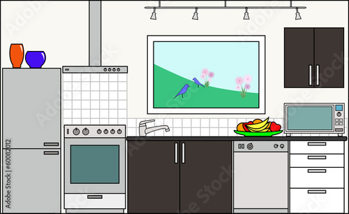 Vector: Kitchen with Fridge Stove Dishwasher and Fittings Kitchen with Fridge Stove Dishwasher and Fittings