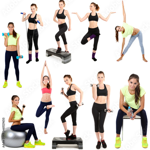 Photo: Young woman exercising collage isolated on white Young woman exercising collage isolated on white