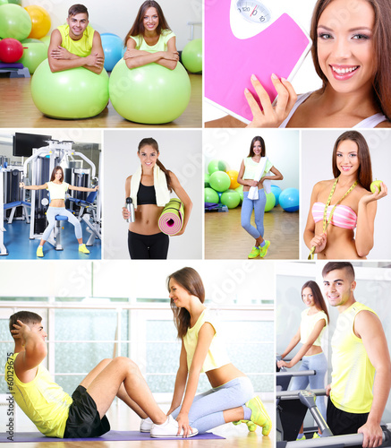 Photo: Collage of young people working out in gym Collage of young people working out in gym