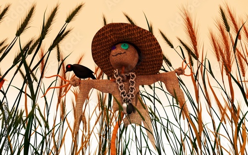 Illustration: Spaventapasseri, paglia, campo di grano, mietitura, corvi Spaventapasseri, paglia, campo di grano, mietitura, corvi
