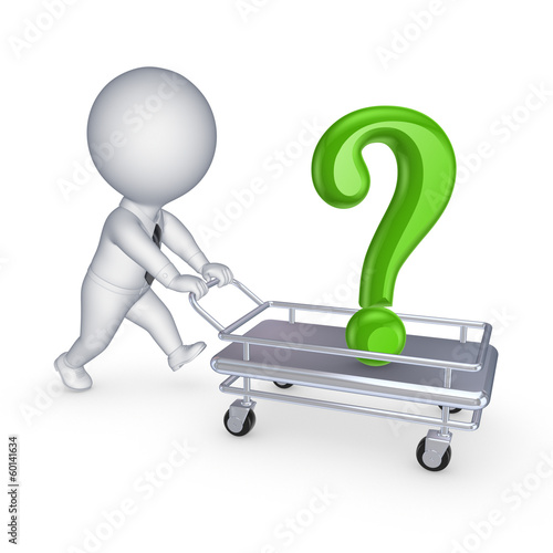 Illustration: 3d person with query mark on a pushcart. 3d person with query mark on a pushcart.