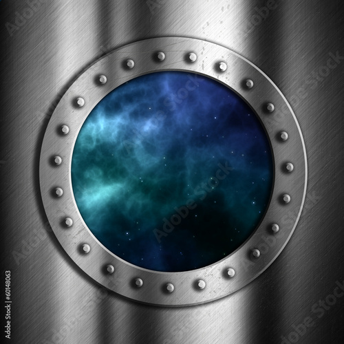 Illustration: Brushed metal background with space porthole Brushed metal background with space porthole