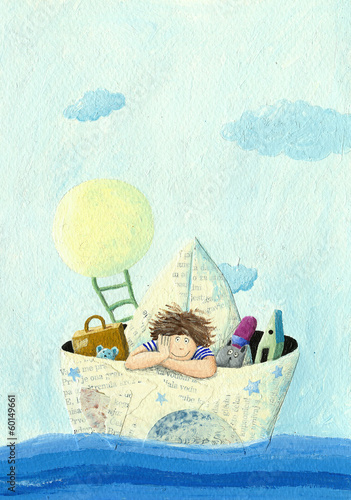 Illustration: Little boy sailing in a paper boat Little boy sailing in a paper boat