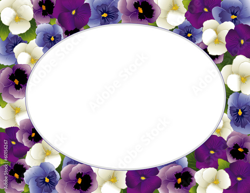 Illustration: Pansy Flower Picture Frame, spring Violas, oval copy space Pansy Flower Picture Frame, spring Violas, oval copy space