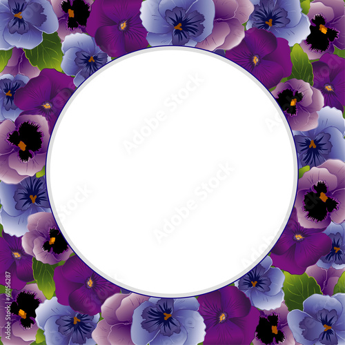 Illustration: Pansy Flower Picture Frame, spring Violas, round copy space Pansy Flower Picture Frame, spring Violas, round copy space