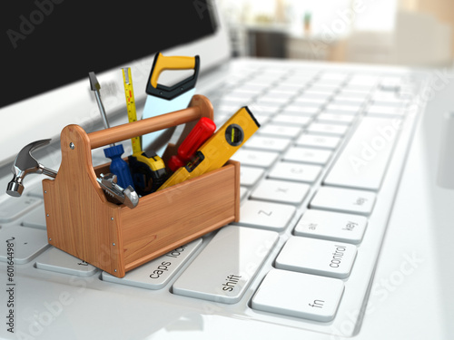 Illustration: Online support. Toolbox with tools on laptop. Online support. Toolbox with tools on laptop.