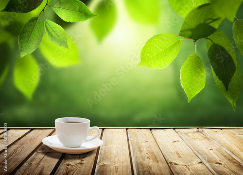 Photo: cup coffee and sunny trees background cup coffee and sunny trees background