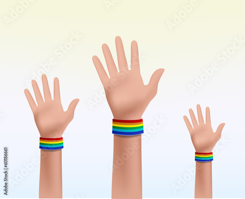 Vector: three hands together celebrating the Gay Pride three hands together celebrating the Gay Pride