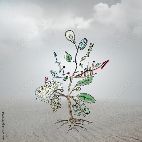 Photo: Concept of Growing company with sketch of a tree with business s Concept of Growing company with sketch of a tree with business s